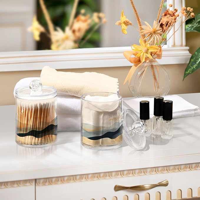 2 Pack Qtip Holder Organizer Dispenser Marble Mountain Bathroom Storage Canister Cotton Ball Holder Container for Cotton Pads/Swabs/Floss-Ruum Studio Home