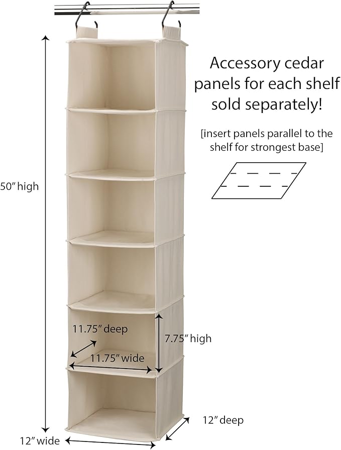 Household Essentials Cedarline 6-Shelf Hanging Closet Organizer, Heavy-Duty Cotton Canvas, Breathable, Versatile, Compact, Perfect for Rod or Wire Closets, Natural-Ruum Studio Home