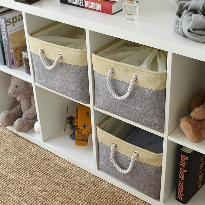 TheWarmHome Storage Bins Baskets for Organizing - Extra Jumbo 3 Pack 20.5Lx15.7Wx13.8H Sturdy Fabric Storage Basket for Shelves, Decorative Foldable Closet Nursery Toy (Gold&Grey)-Ruum Studio Home