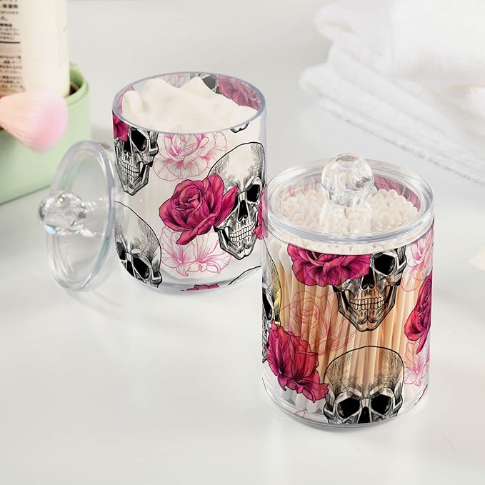 2 Pack Qtip Holder Dispenser Skull Rose Flower Bathroom Storage Canister Lid Acrylic Plastic Apothecary Jar Set Vanity Makeup Organizer for Cotton Swab/Ball/Round Pads, Floss-Ruum Studio Home