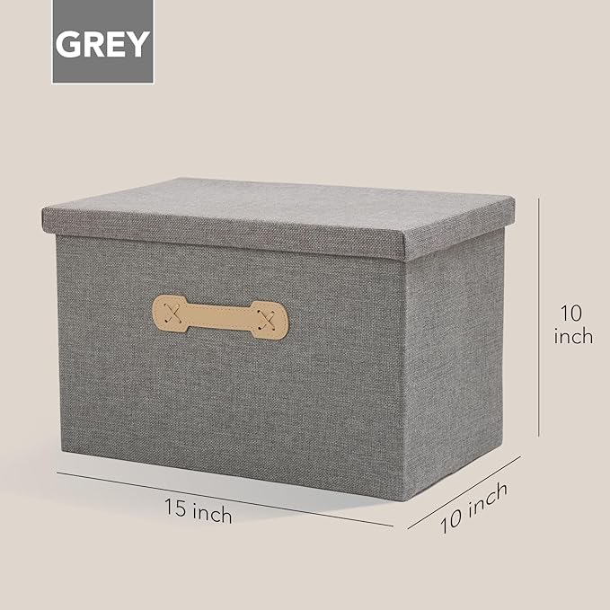 Enzk&Unity Decorative Storage Boxes with Lids, 3 Pack Grey Fabric Storage Bins with Handle, Foldbale and Stackable Storage Boxes for Shelf, Closet, Bedroom, Living Room-Ruum Studio Home