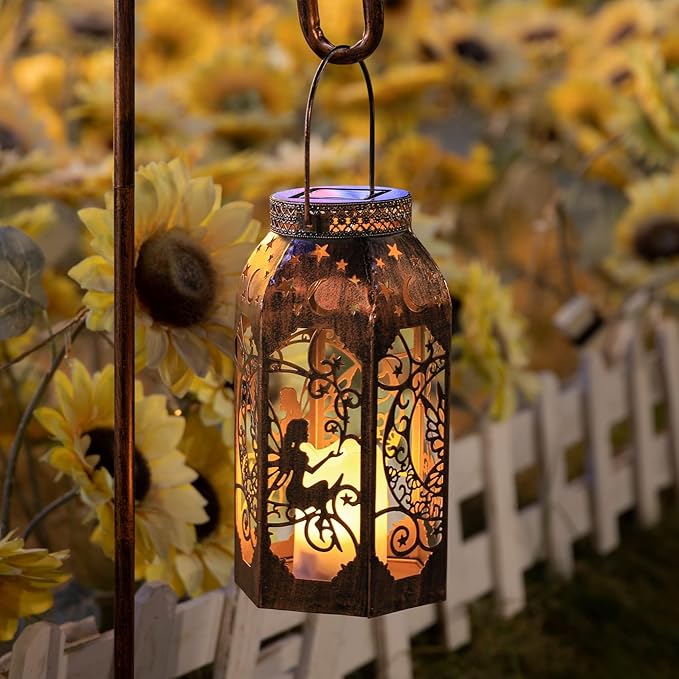 Solar Lanterns Outdoor Hanging Metal Bronze Moon Fairy Lantern, 1 Pack Waterproof Flickering Flameless Candle Mission Lights for Table,Pathway,Garden Gifts for Women, Mothers' Day Gift-Ruum Studio Home