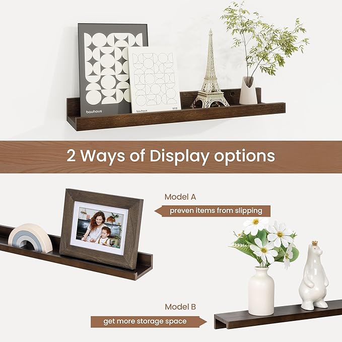 Picture Ledge Shelf, Solid Pine Wood Floating Shelves Set of 4, 16 Inches Nursery Book Shelves for Toys Storage, Kids Bookshelf Wall Mounted for Living Room Decor Photo Frames, Walnut-Ruum Studio Home