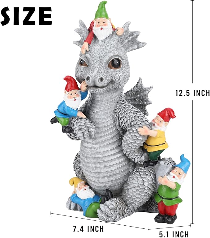 Dragon Gnome Statues Outdoor Decor, 13” Dinosaur Play with Gnomes Garden Statue, Outdoor Statue for All Season Lawn Decor, Garden Decoration, Gardening Gift-Ruum Studio Home