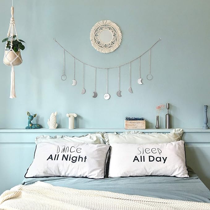 Mkono Moon Phase Wall Hanging Boho Aesthetic Room Decor Metal Moons Garland Hanging Art Bohemian Home Decoration for Girls Room Nursery Bedroom Livingroom Dorm, Ideal, Silver, 50"-Ruum Studio Home