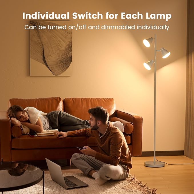 36W LED Tree Floor Lamp, Dimmable Tall Standing Lamp with Remote & Touch Control, 4 Color Temperatures Bright Floor Lamp, 3 Rotatable Light Modern Floor Lamps (Silver Gray)-Ruum Studio Home