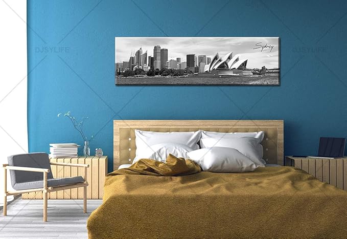 DJSYLIFE Sydney Skyline Wall Art Decor Canvas Print Black and White City Building Landscape Poster Australia Cityscape Modern Artwork Painting for Bedroom Office Home Decoration - 13.8" x 47.3"-Ruum Studio Home