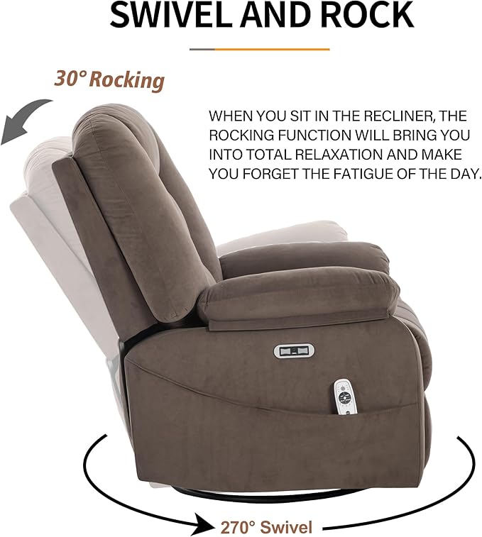 Power Swivel Rocker Recliner Chair for Adults,Rocking Recliners Chairs with Massage and Heat for Living Room, Electric Fabric Reclining Sofa Chair with USB and Type-C Port (Fabric Brown)-Ruum Studio Home