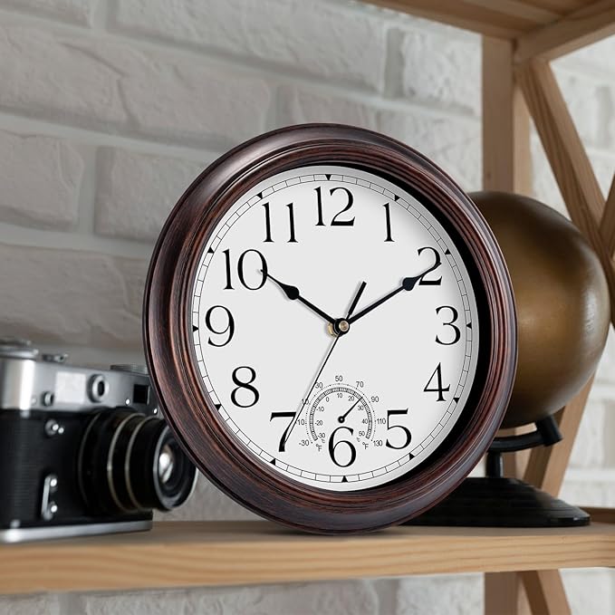 8.5 Inch Outdoor Wall Clock with Thermometers, Vintage Silent Wall Clocks Battery Operated, Retro Non-Ticking Clock Decorative for Living Room, Patio, Kitchen, Office, Bathroom, Bedroom(Bronze)-Ruum Studio Home
