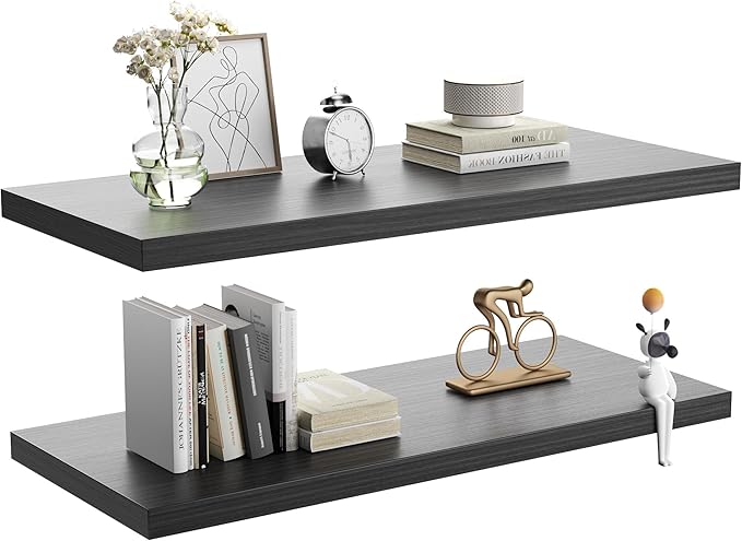 Wall Shelf Set of 2,Dark Wood Floating Shelves 24 in W x 10 in D x 1 in H, Wooden Floating Wall Shelf with Invisible Brackets for Living Room/Bedroom/Bathroom/Kitchen Storage and Decor-Ruum Studio Home