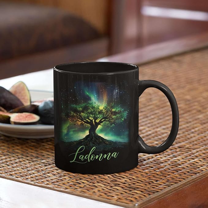 Custom Unique Name Coffee Cup, Customized Mystical Nature Inspired Mug 11oz 15oz, Personalized Enchanted Tree With Northern Lights Ceramic Cup, Nature Black Mug, Gift For Women Men-Ruum Studio Home