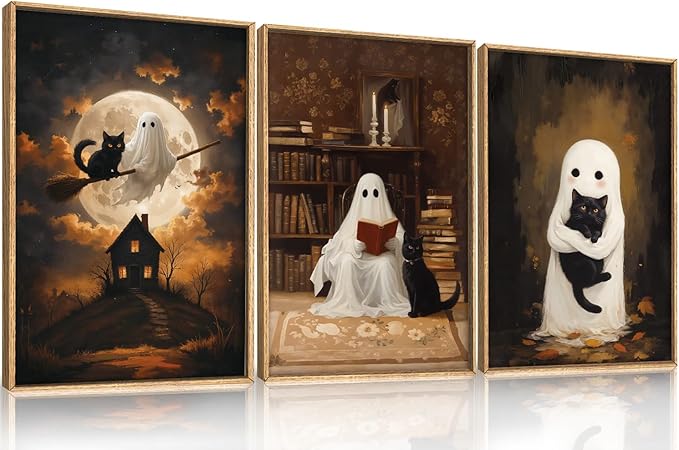 HPNIUB Halloween Ghost Framed Canvas Wall Art Set, Funny Black Cat Poster Artwork, Vintage Spooky Wall Decor, Dark Academia Moon Pictures for Bedroom Living Room Bathroom-16 x24 x3-Ruum Studio Home