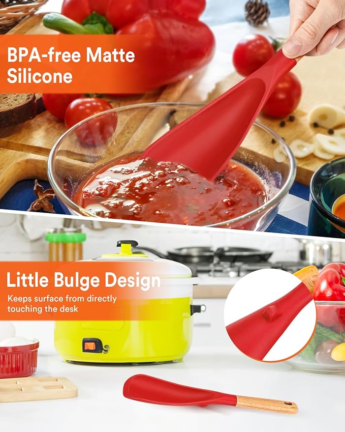 Cooking Spoon for Nonstick Cookwares, Great for Cooking and Serving Sturdy BPA-Free Matte Silicone, Wood Handle Spoon for Mixing, Scoop, and Scrape (2 Pack of Red, 11.4 inch)-Ruum Studio Home