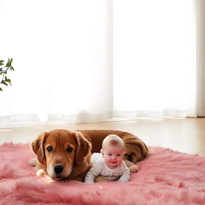AMTOVO Faux Fur Sheepskin Rug for Living Room, 4 x 6 ft Blush Pink Fluffy Area Rug for Bedroom, Playroom, Luxury Room Decor, Rectangle-Ruum Studio Home