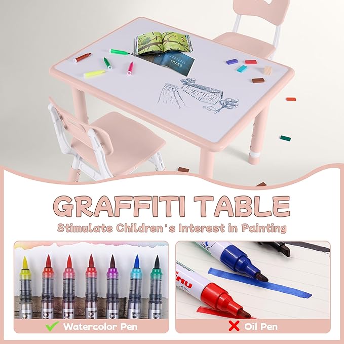 Toddler Table and Chair Set, Height Adjustable-Upgrade Kids Table and 2 Chairs for Ages 3-8, Multi-Activity Toddler Play Table with Graffiti Desktop for Home/Daycare/Classroom-Ruum Studio Home