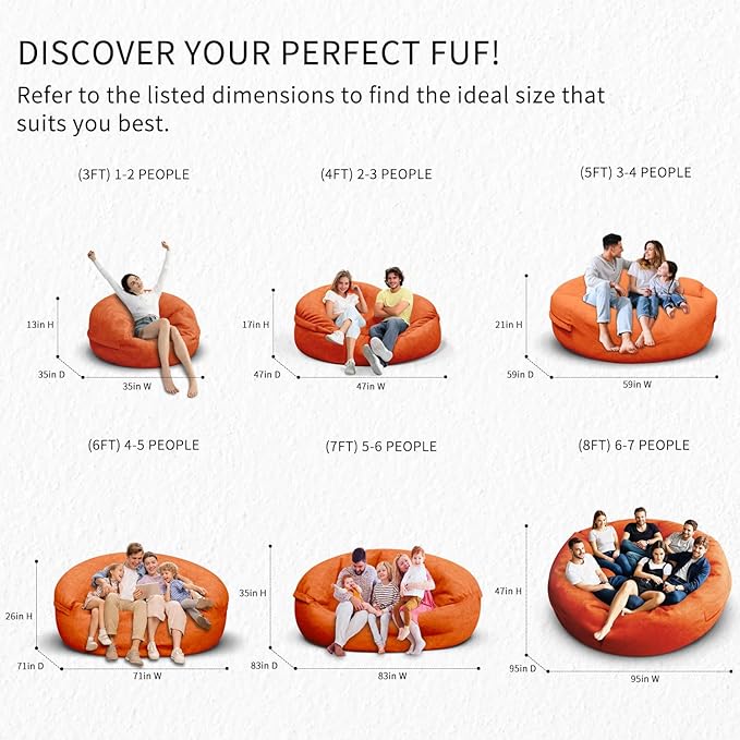 Bean Bag Chair for Adults 8FT,Soft Removable Cover for Teens/Girls Bedroom,Fluffy Giant Round Floor Beanbag Lounger Chairs (No Filler,Orange)-Ruum Studio Home