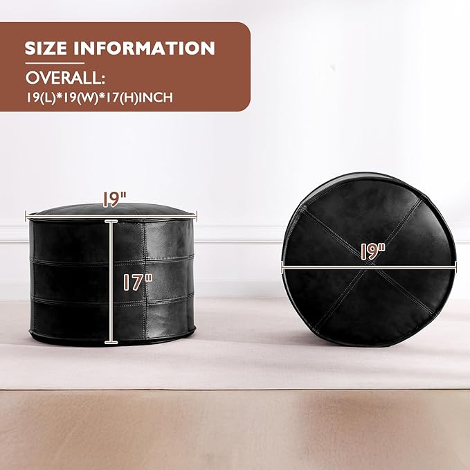 Round Leather Ottoman,Handmade Stuffed Ottoman,Genuine Leather Pouf, Foot Rest Pouf,Comfortable Soft Seating for Living Room & Bedroom (Black, Round)-Ruum Studio Home