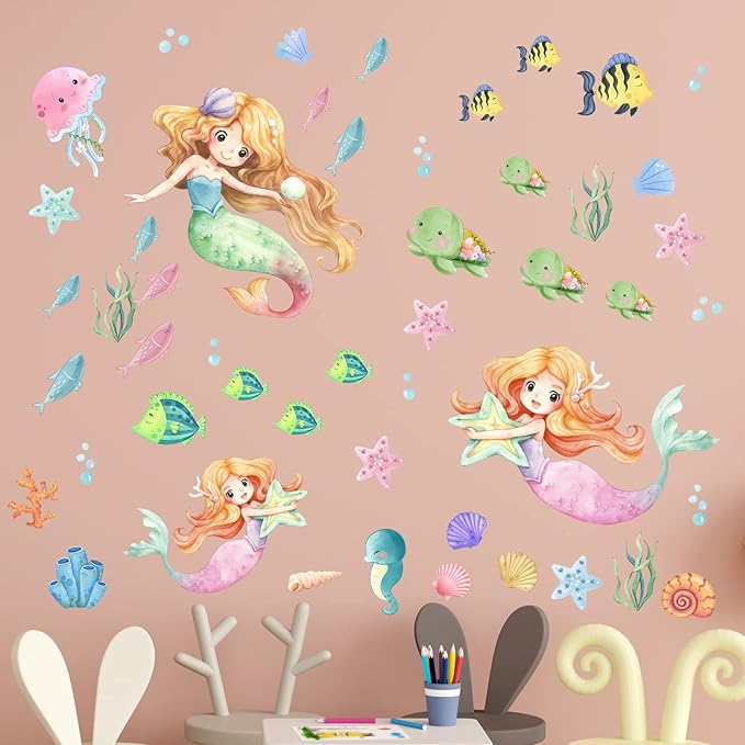 Glow in The Dark Stars Mermaid Wall Decals, Turtle Ocean Fish Stickers for Ceiling, DIY Wall Decor for Nursery Playroom Living Room, Birthday Christmas Gift-Ruum Studio Home