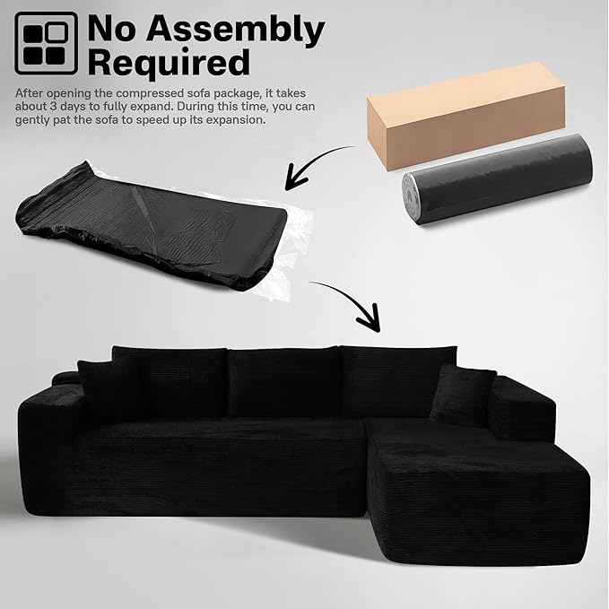104" Cloud Sectional Couches for Living Room,L Shaped Boneless Couch in A Box,Sleeper Sofa with Comfy Chaise No Assembly Required,Black-Ruum Studio Home