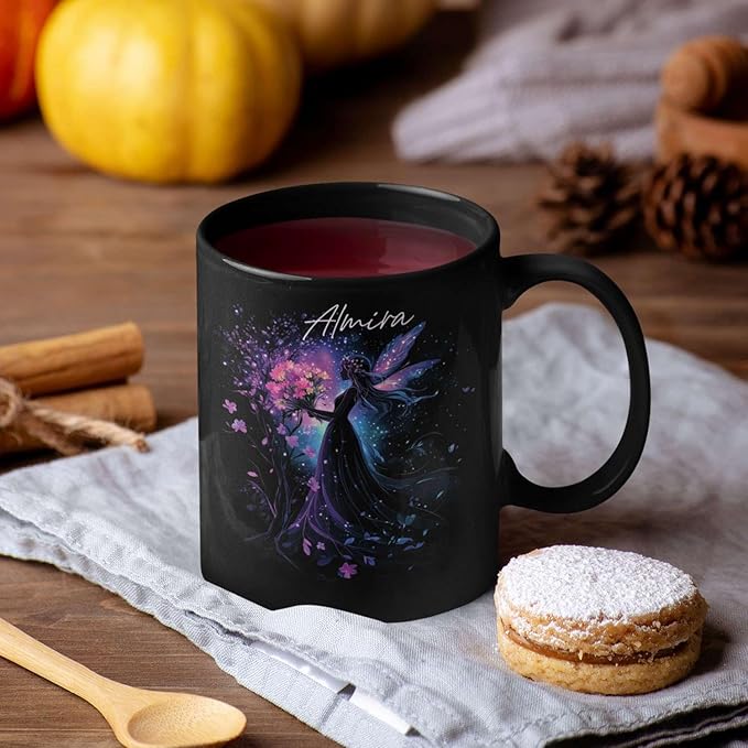 Personalized Beautiful Fairy Holding Flower Coffee Mug, Custom Name Ceramic Cup 11oz 15oz, Enchanted Fantasy Themed Mug, Custom Fairy Lovers Black Cup, Kids Mug, Elegant Fairy Mug-Ruum Studio Home