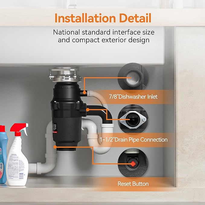 1/2 HP Garbage Disposal, TECASA Food Garbage Disposal with Power Cord, Stainless Steel Grinding System and 3-Bolt Mounting, Continuous Feed Compact Garbage Disposals, UL Certified, Taskmaid Series 50-Ruum Studio Home