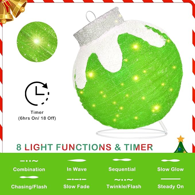 BRIGHTDECK Outdoor Christmas Ball Decoration, 80 LED Lights, 8 Light Modes, Pop-Up Collapsible Holiday Ornament (Green)-Ruum Studio Home