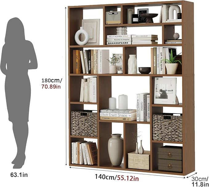 6-Tier Large Open Bookcase 71” Tall Sturdy Wooden Bookshelf with Baskets,Modern Style 16-Cube Home Display Shelf for Bedroom, Living Room（Oak Color）-Ruum Studio Home