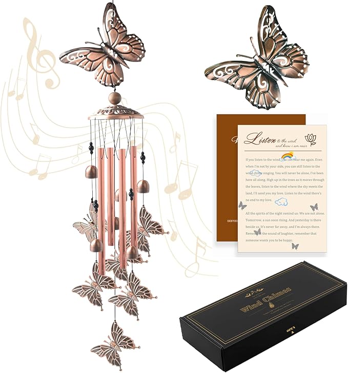 Wind Chimes for Outside, 33" Butterfly Wind Chimes Outdoor, Birthday Gifts for Women Mom Sister, Gift for Garden Porch Patio Home Decor (Golden)-Ruum Studio Home