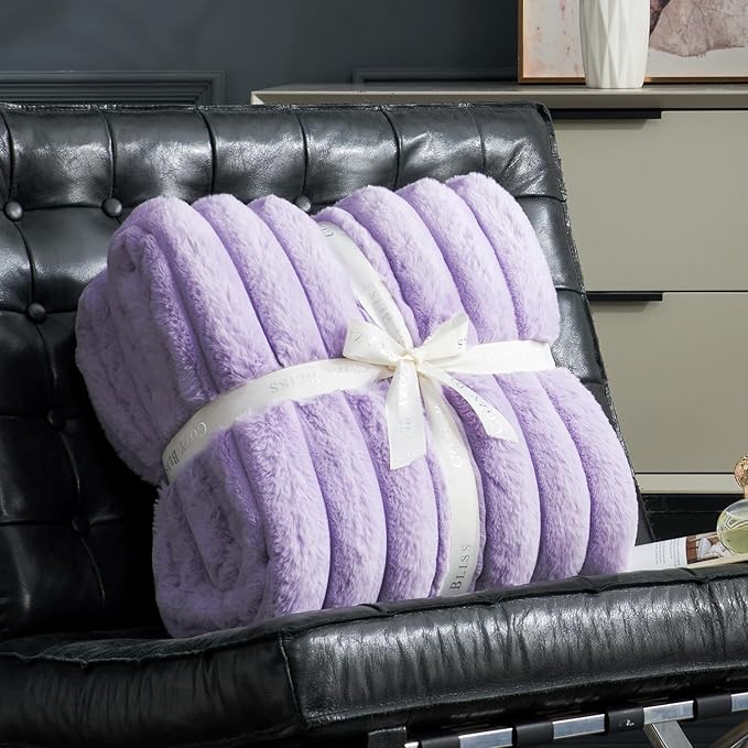 Cozy Bliss Faux Fur Throw Blanket for Couch, Cozy Warm Plush Striped Blanket for Sofa Bedroom Living Room, 60 * 80 Inches Lavender Purple-Ruum Studio Home
