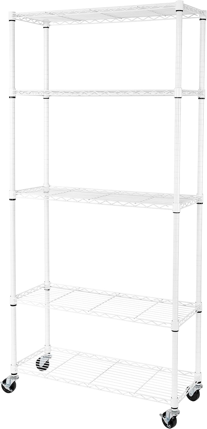 Seville Classics UltraDurable Heavy Duty NSF Solid Steel Wire Rack Storage Unit, Organizer for Garage, Warehouse, Office, Restaurant, Classroom, Kitchen, White, 5-Tier Shelving, 36" W x 14" D-Ruum Studio Home