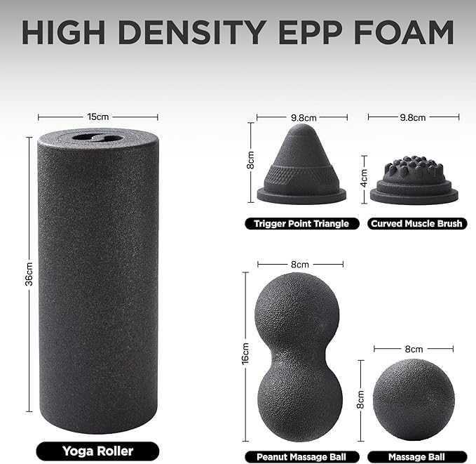 5 in 1 Foam Roller Set with Peanut Massage Ball, Curved Muscle Brush - Yoga Roller, Massage Ball, Trigger Point Triangle for Deep Tissue Relief (Black)-Ruum Studio Home