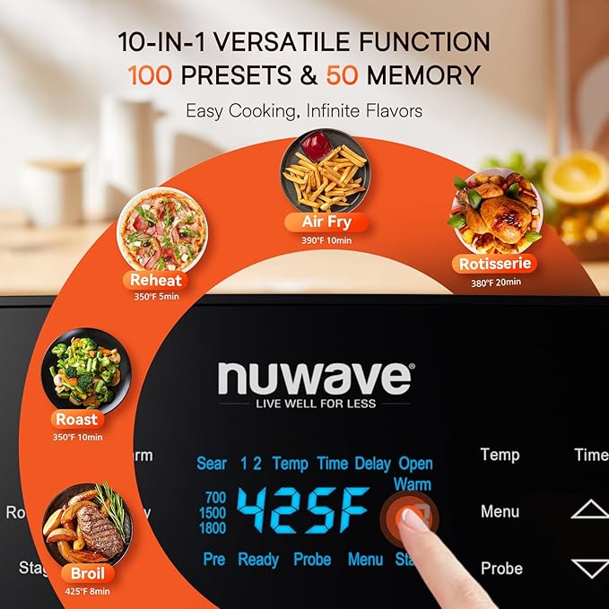 Nuwave Brio 15.5Qt 10-IN-1 Air Fryer Rotisserie Oven, XL Family Size, Even & Crisp AirFry, Reheat, Roast, Dehydrate for Quick Meals, 50°-425°F Control, 100 Presets & 50 Memory, Dishwasher-Safe, 1800W-Ruum Studio Home