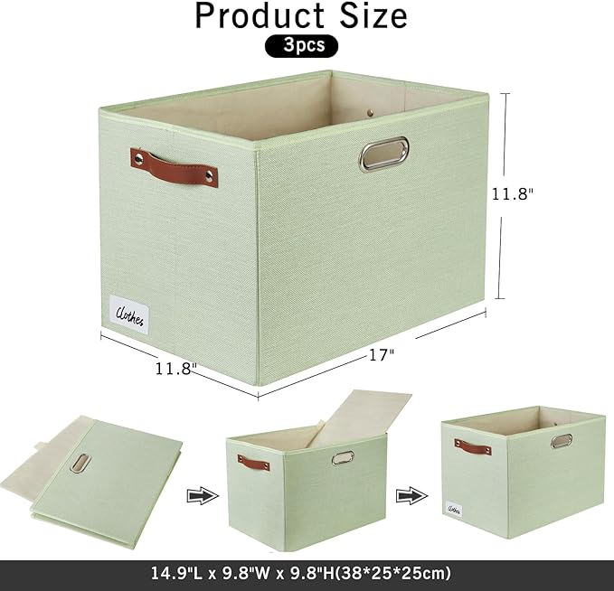 3-Pack Foldable Fabric Storage Bins with Durable PU & Metal Handles, Collapsible Storage Baskets for Shelves, Home Storage, Closet Organizers, Living Room(17"x11.8"x11.8", Sage Green)-Ruum Studio Home
