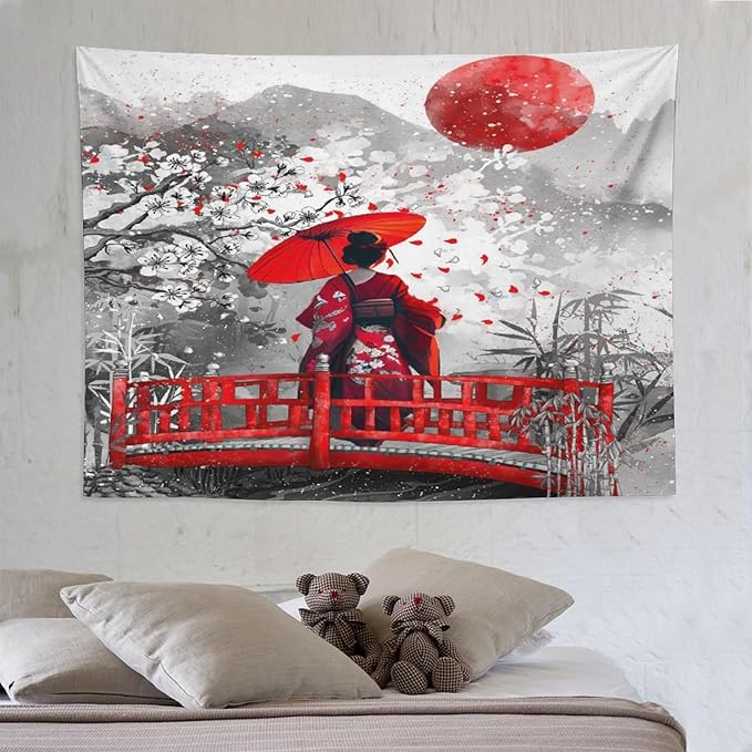 Japanese Red Geisha Tapestry Asian Cherry Blossom Red Sun Traditional Kimono Folk Tapestries Home Decor for Living Room Bedroom Apartment Farmhouse Dorm 80"x60"-Ruum Studio Home