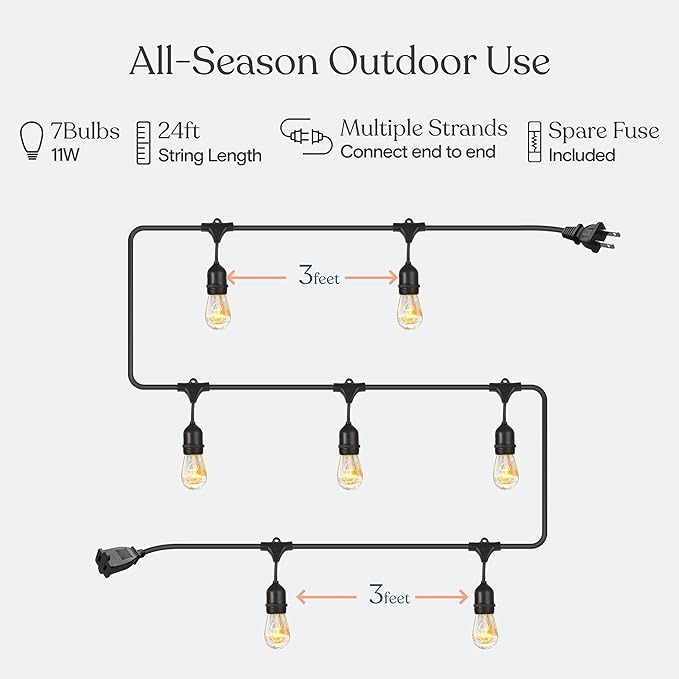Brightech Ambience Pro Incandescent Outdoor String Lights - Commercial Grade Waterproof Patio Lights with 24 Ft Dimmable Edison Bulbs, Porch String Lights for Patio, Backyard, Christmas - 7 Bulbs 11W-Ruum Studio Home