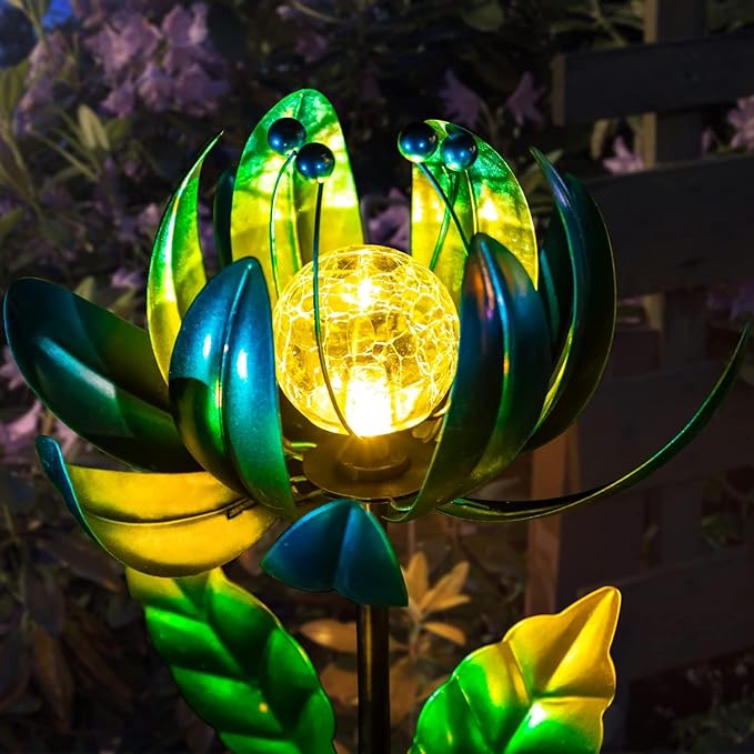 Solar Garden Lights Metal Flower Decor, Colorful Spinning Windmill Lotus Pathway Ligths with LED Cracked Crystal Ball Outdoor Decorative Stake Lighting Waterproof Flower Sculpture for Patio Yard-Ruum Studio Home