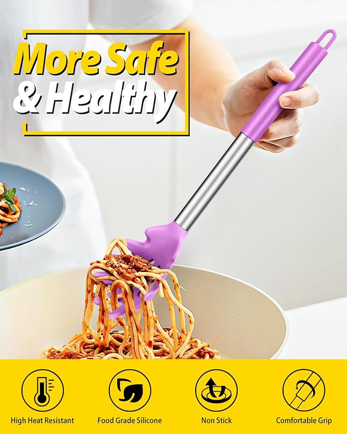 Silicone Pasta Fork and Ladle Spoon Set, Large Non Stick Kitchen Utensils for Cooking,Stirring,Serving Spaghetti, Soup, Sauce (PURPLE)-Ruum Studio Home