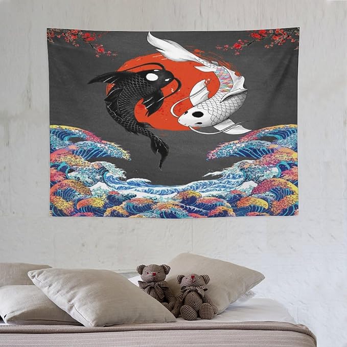 Houselerax Japanese Koi Fish Tapestries, Yin Yang Big Wave Cherry Blossom Tapestry Wall Hanging for Bedroom Living Room Office Decor 40"x30"-Ruum Studio Home