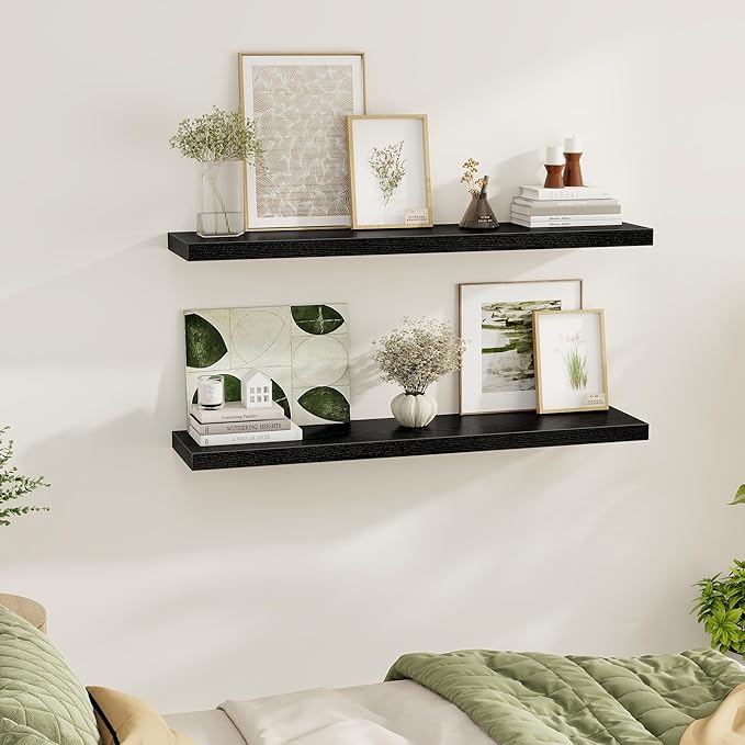 Black Floating Shelves Wall Shelf 48 Inch, 9.3 Inch Deep Floating Shelf for Wall, Farmhouse Black Wood Shelves Invisible Bracket for Living Room, Bedroom, Kitchen, 48 x 9.3 x 1.4 Inch, Set of 2-Ruum Studio Home
