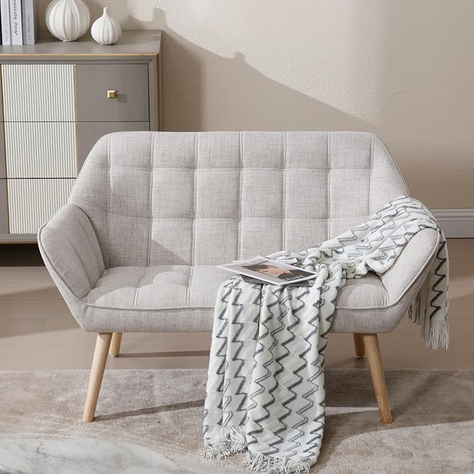 48”Small Loveseat Sofa, Modern Linen Upholstered Mini Couch 2-Seater Fluffy Love Seat with Quilting Backs and Wood Legs for Small Space Living Room, Bedroom, Beige-Ruum Studio Home