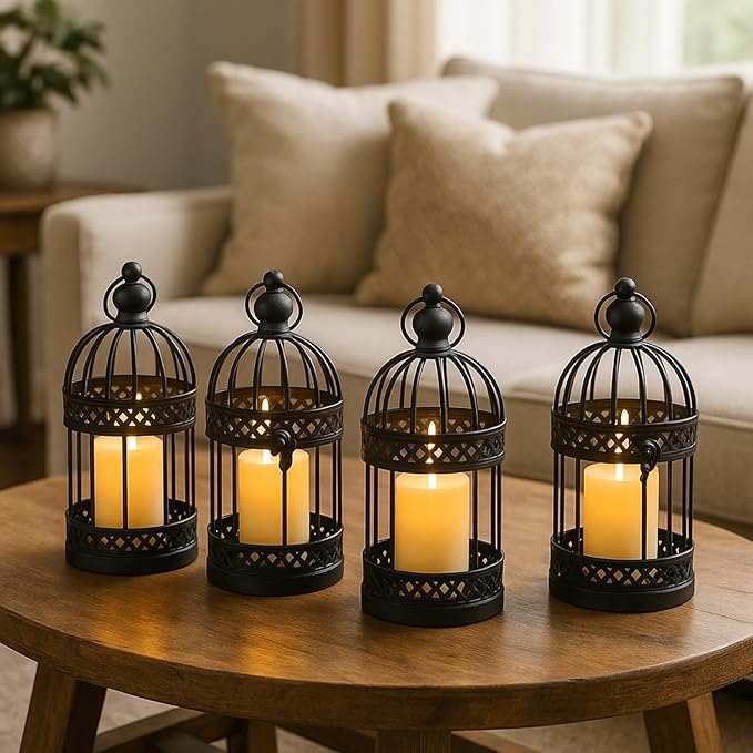 Vela Lanterns Birdcage Decor Candle Holder Lantern Decorative Table Centerpiece Halloween Decorations, Black, Small, Set of 4-Ruum Studio Home
