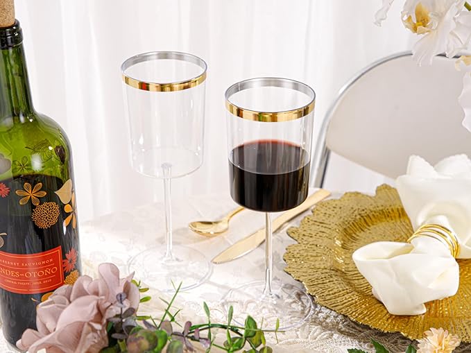 Ciaell 12 Pack Plastic Wine Glasses - 14 Oz Plastic Wine Glasses with Stem - Square Gold Disposable Stemmed Glass for Parties & Weddings & Outdoors & Thanksgiving-Ruum Studio Home