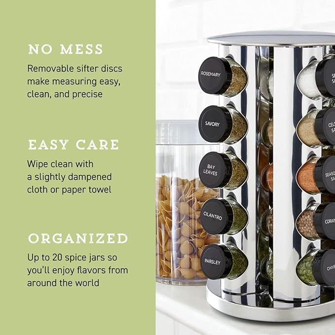 Kamenstein 20 Jar Revolving Countertop Spice Rack with Spices Included, FREE Spice Refills for 5 Years, Polished Stainless Steel with Black Caps, 30020 (Pack of 3)-Ruum Studio Home
