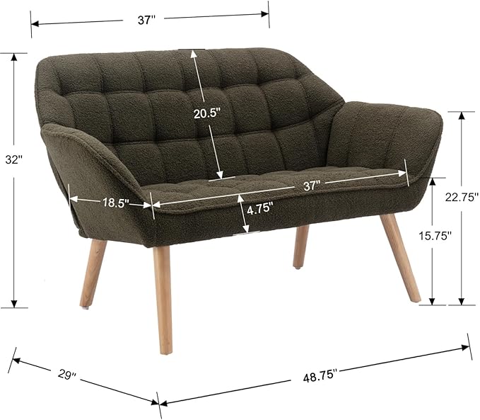 48”Small Loveseat Sofa, Modern Sherpa Upholstered Mini Couch 2-Seater Fluffy Love Seat with Quilting Backs and Wood Legs for Small Space, Living Room, Bedroom, Green-Ruum Studio Home