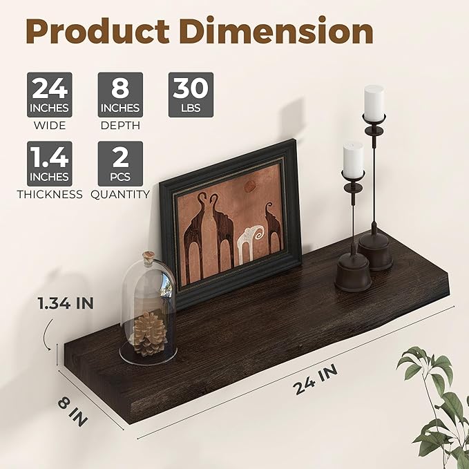 Axeman 24 inch Floating Shelves for Wall - 8'' D Live Edge Rustic Solid Elm Wood Floating Shelves Wall Mounted, Wall Shelves with Invisible Bracket for Living Room Bedroom Kitchen, Set of 2 Walnut-Ruum Studio Home