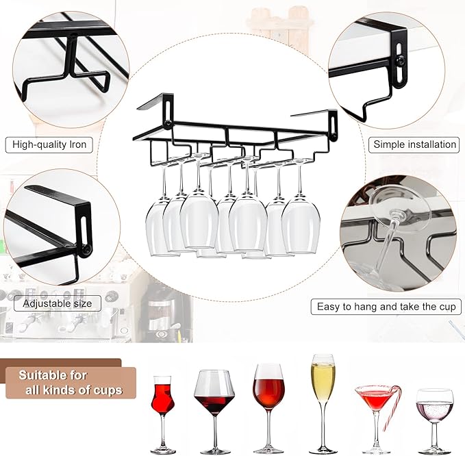 AUHOKY 2Pcs Adjustable Wine Glass Rack Under Cabinet, Punch-Free 3 Rows Stemware Metal Holder, Hanging Glass Storage Hanger Organizer for Shelf Kitchen Bar Decor (3 Rows, Black)-Ruum Studio Home