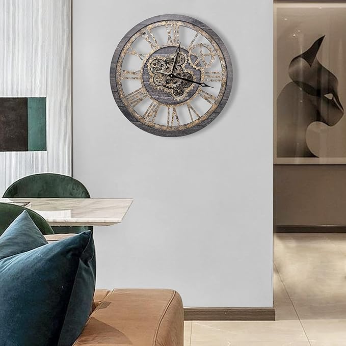 The B-Style Large Wall Clock 18 inch Moving Gear Wall Clock Oversized Vintage Farmhouse Wall Clocks for Living Room Decor Rustic Industrial Wood Clock (Carbon Gray)