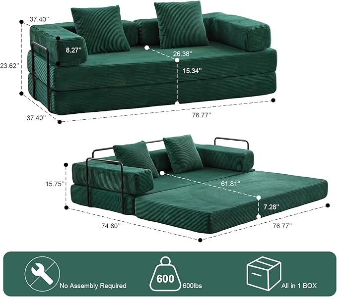 Convertible Sleeper Sofa Bed, Compression Folding Sofa with Pillow, No Assembly Required, Shape Frame, Floor Sofas Lounge Couch for Living Room, Bedroom, Small Spaces(Corduroy, 77''W, Dark Green)-Ruum Studio Home