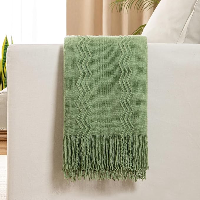MIULEE Sage Green Knitted Throw Blanket for Couch Textured Spring Knit Blanket with Tassels Cozy Woven Boho Bed Blanket for Sofa Bed Chair Acrylic Wave Pattern 50"x60"-Ruum Studio Home