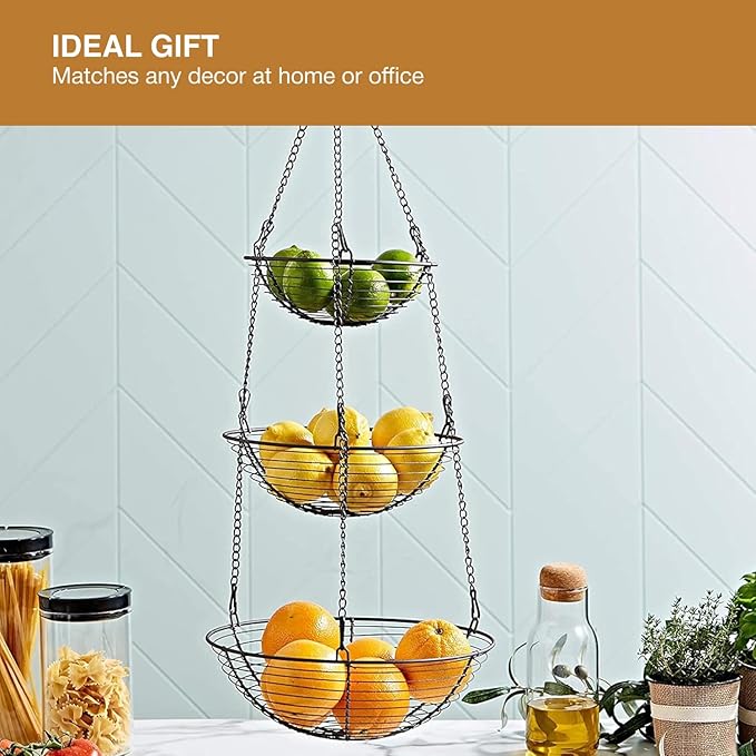 REGAL TRUNK & CO. 3 Tier Hanging Fruit Basket, Farmhouse Wire Basket, Three Tier Fruit Basket for Kitchen for Vegetables, Bread & More, Metal Chain, Hanging Hook and Detachable Round Wire Baskets-Ruum Studio Home